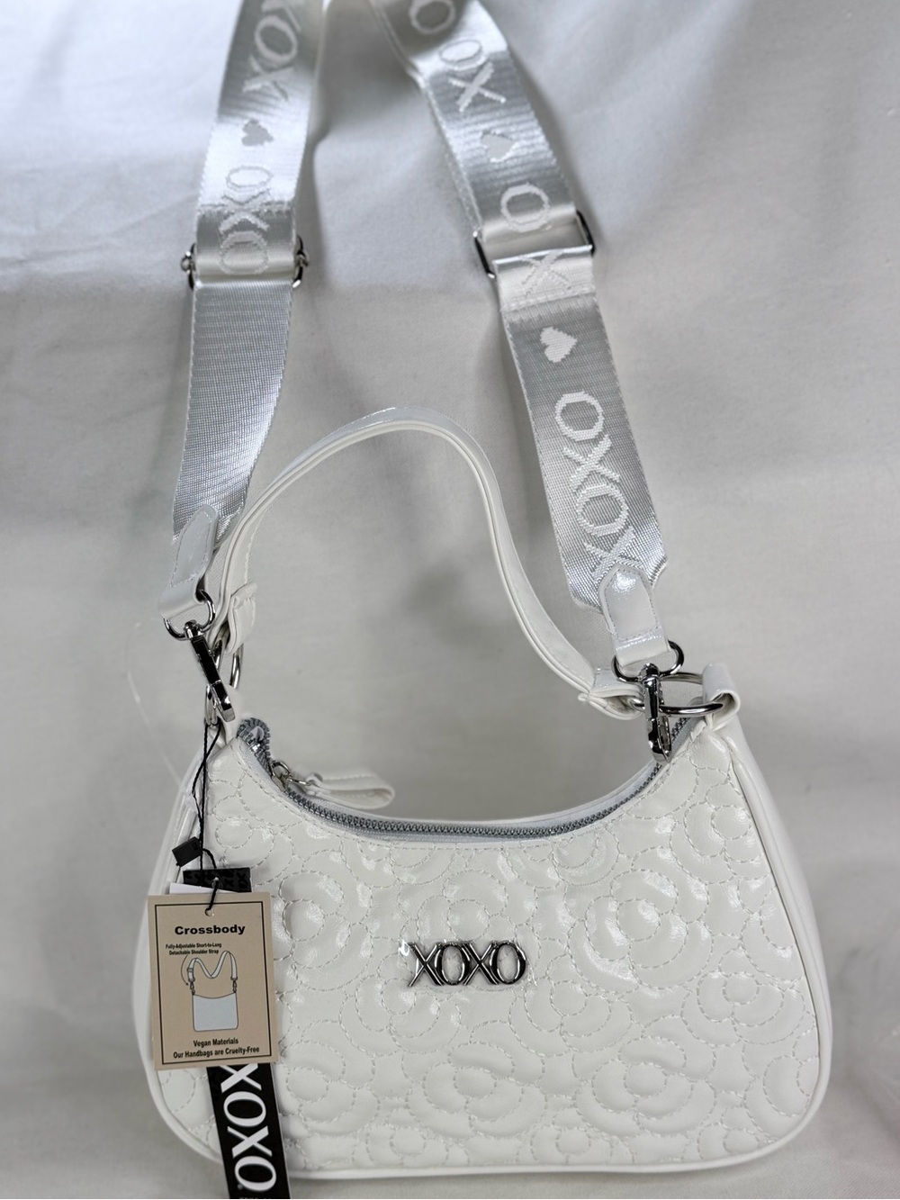 XOXO White Quilted Rose Crossbody Bag with Branded Embroidered Crossbody Strap
